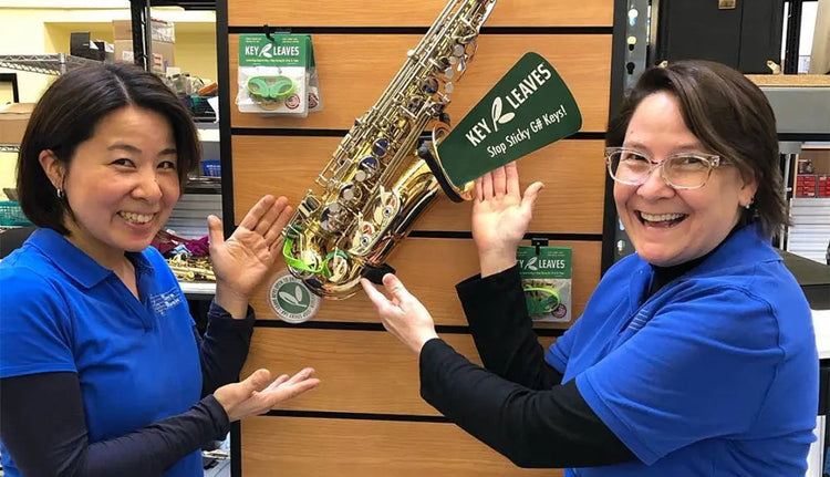 Tim's Music in Sacramento California uses a Key Leaves saxophone care product display