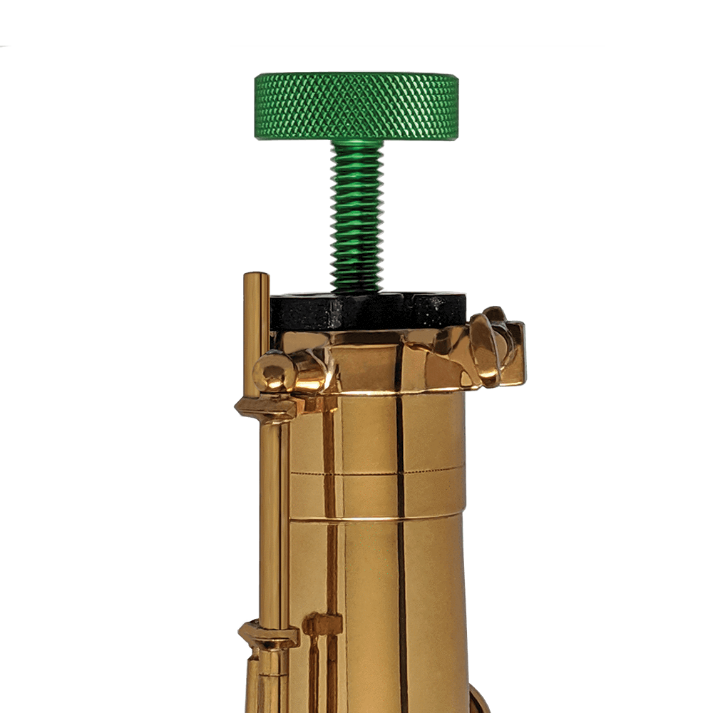 GapCap® saxophone end plug shown on a tenor saxophone helps protect the instrument from damage inside the case, protect the octave key, vent moisture away, and provide shock absorption from sax case drop or impact.