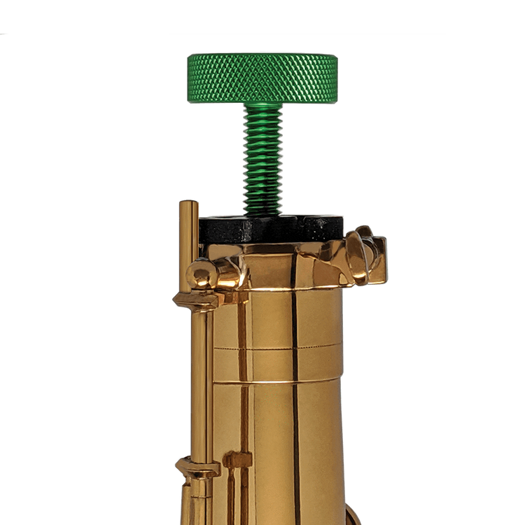 GapCap® saxophone end plug shown on a tenor saxophone helps protect the instrument from damage inside the case, protect the octave key, vent moisture away, and provide shock absorption from sax case drop or impact.