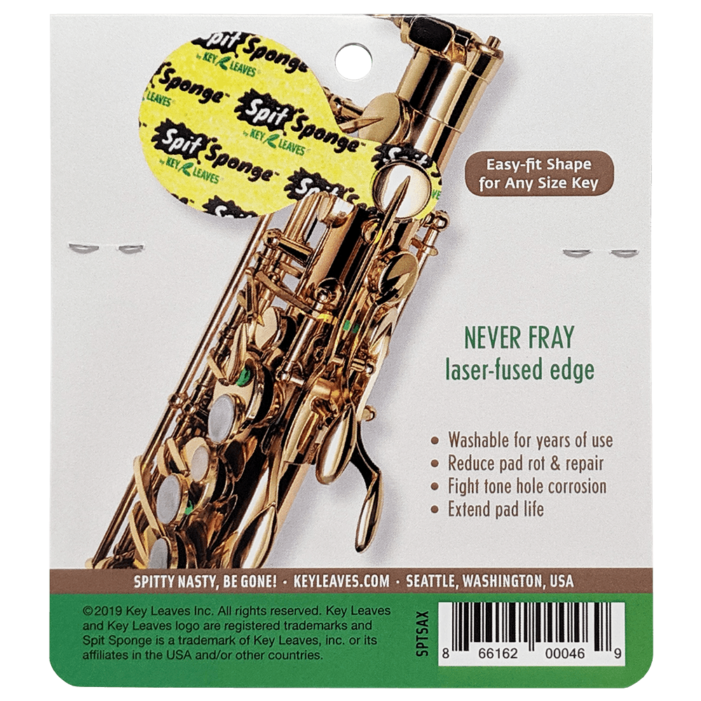 Spit Sponge™ sax size pad dryer shown on the top palm keys of a saxophone. It protects saxophone pads by drying pad leather rot and tone holes so the sax is cleaner and drier. The top is soft and super absorbent and the bottom is laser textured to grab and remove sticky grime on the sax.