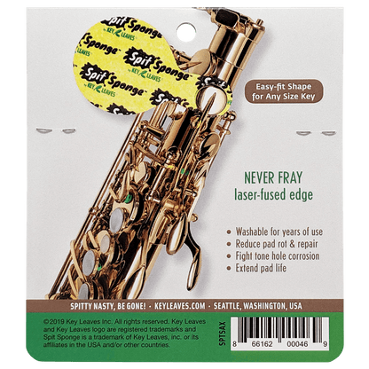 Spit Sponge™ sax size pad dryer shown on the top palm keys of a saxophone. It protects saxophone pads by drying pad leather rot and tone holes so the sax is cleaner and drier. The top is soft and super absorbent and the bottom is laser textured to grab and remove sticky grime on the sax.