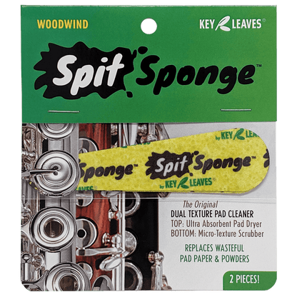 An image of the Spit Sponge pad dryer package containing two pieces of woodwind sized pad cleaner for flute, clarinet, oboe, and other wind instruments.