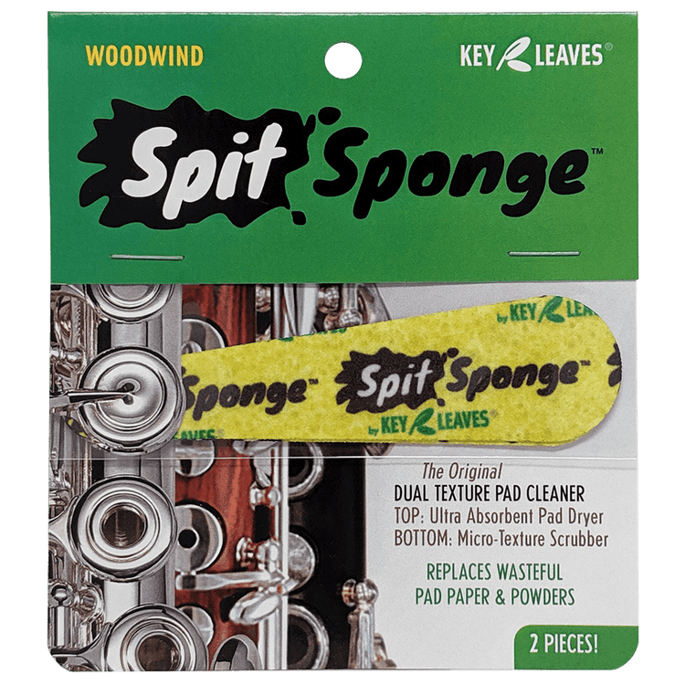 An image of the Spit Sponge pad dryer package containing two pieces of woodwind sized pad cleaner for flute, clarinet, oboe, and other wind instruments.